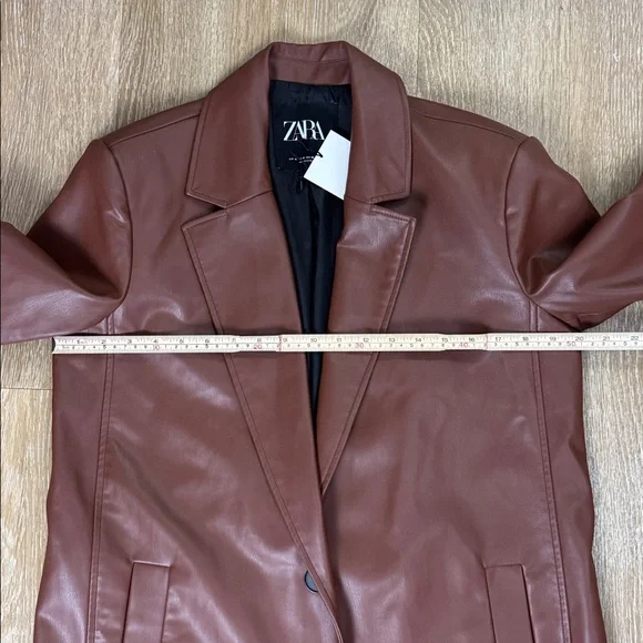 Zara Faux Leather Longline Duster Blazer Top Coat Jacket Cognac Brown Medium - Picture 9 of 11